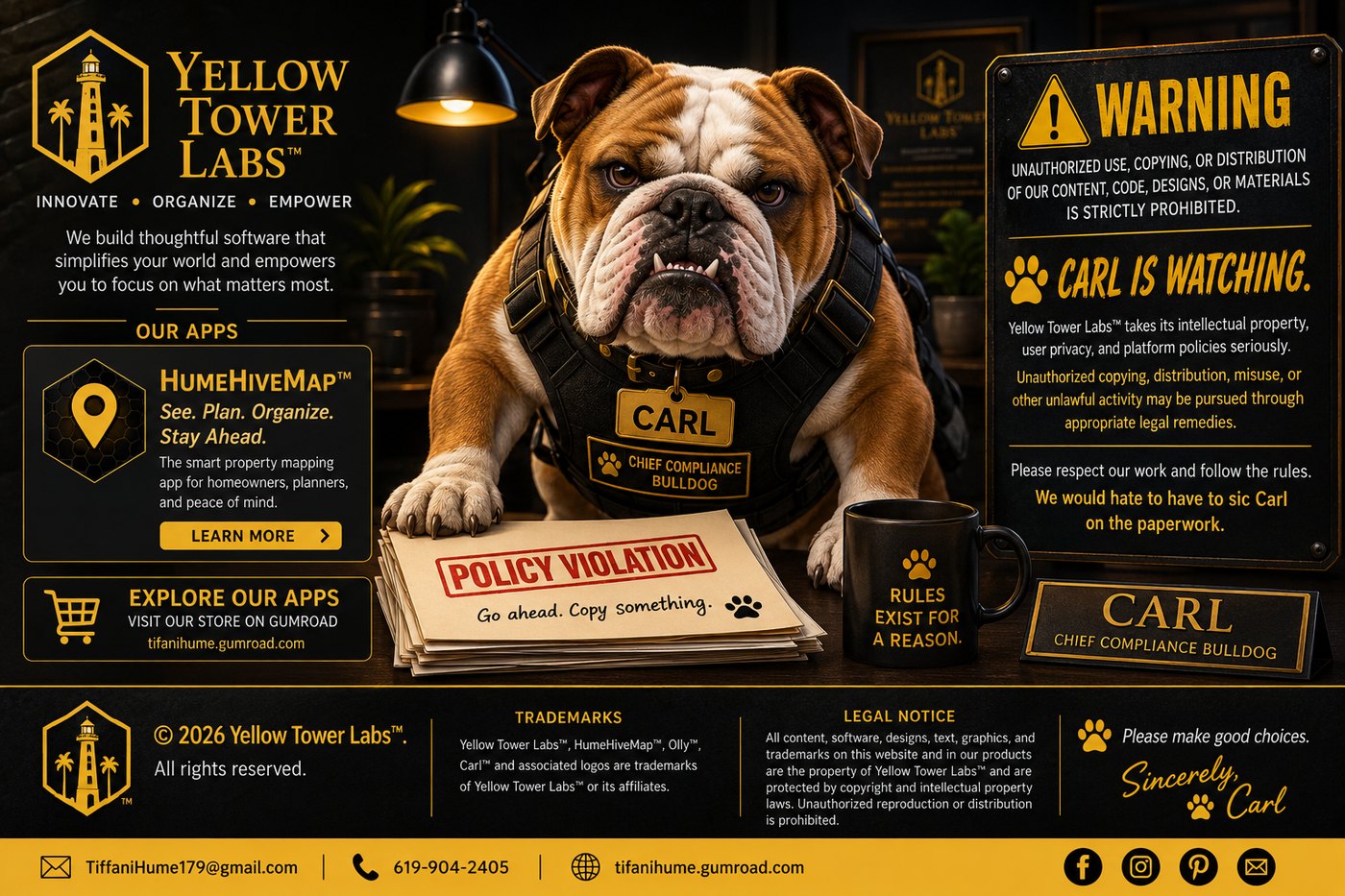 Carl, the Yellow Tower Labs Chief Compliance Bulldog